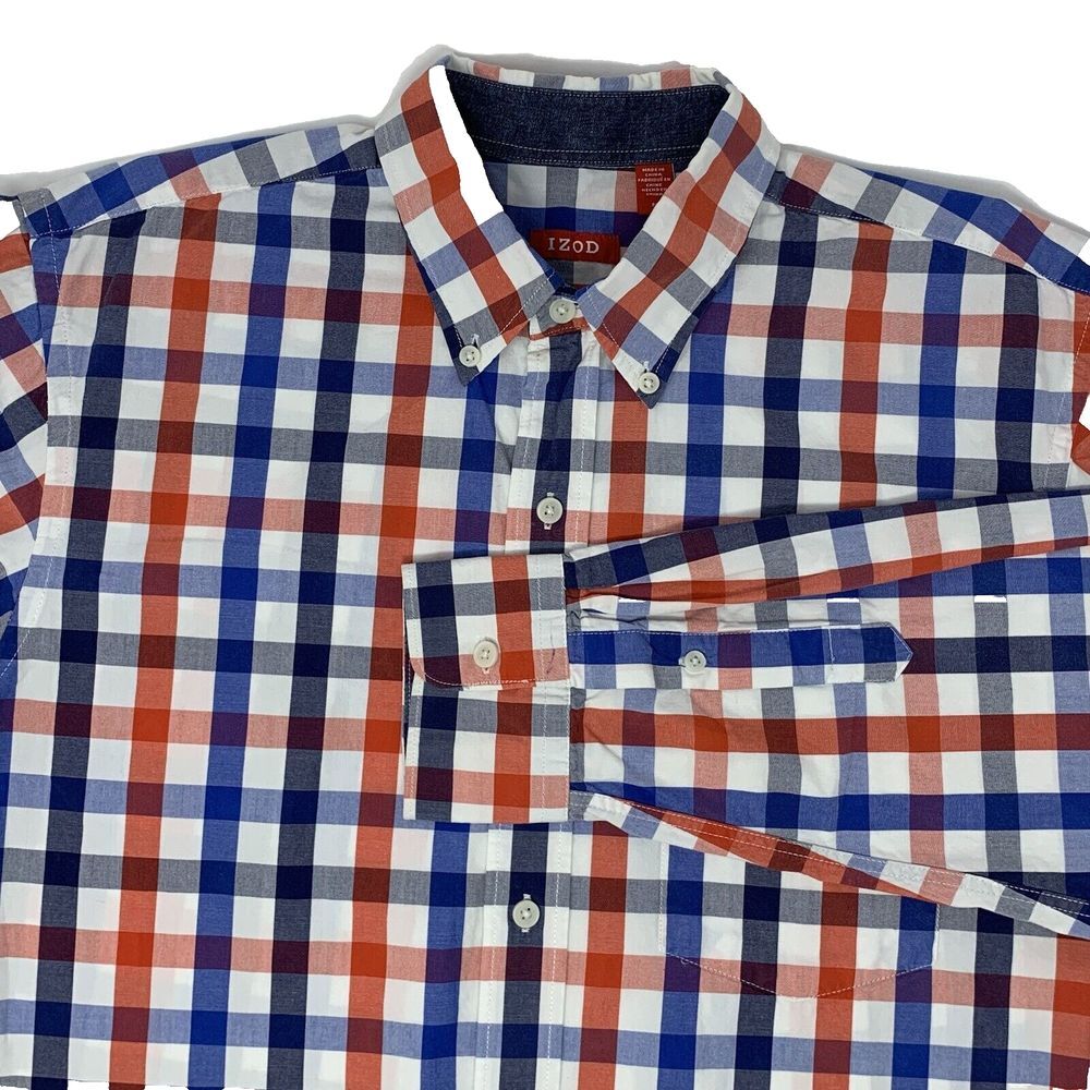 IZOD Red White & Blue Large Check Long Sleeve Button‎ Up Men's Shirt Size Medium